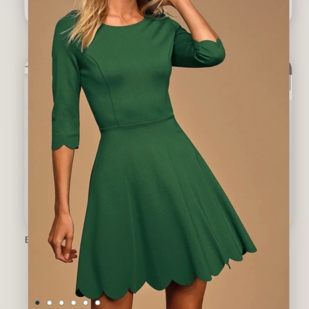 Lulus Cumulonimbus Clouds Dark Green Long Sleeve Skater Dress SMALL